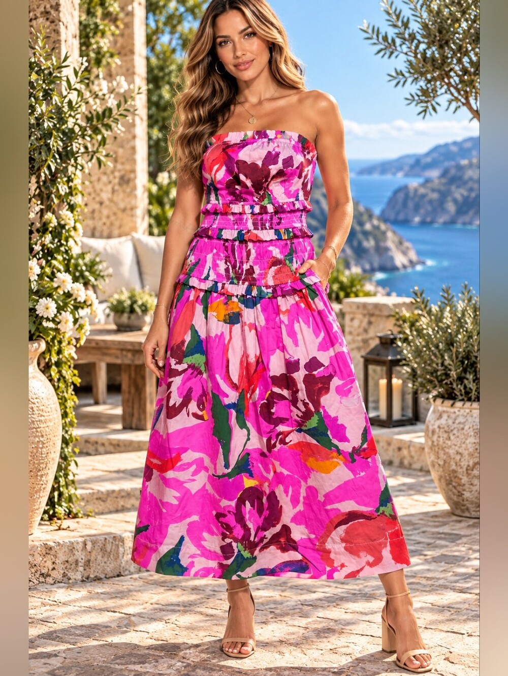 Free Assembly Women's Pink Abstract Floral Smocked Strapless Midi Dress Size XL